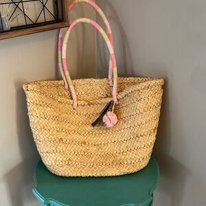 LOFT Tan Woven Tote with Pink Accents